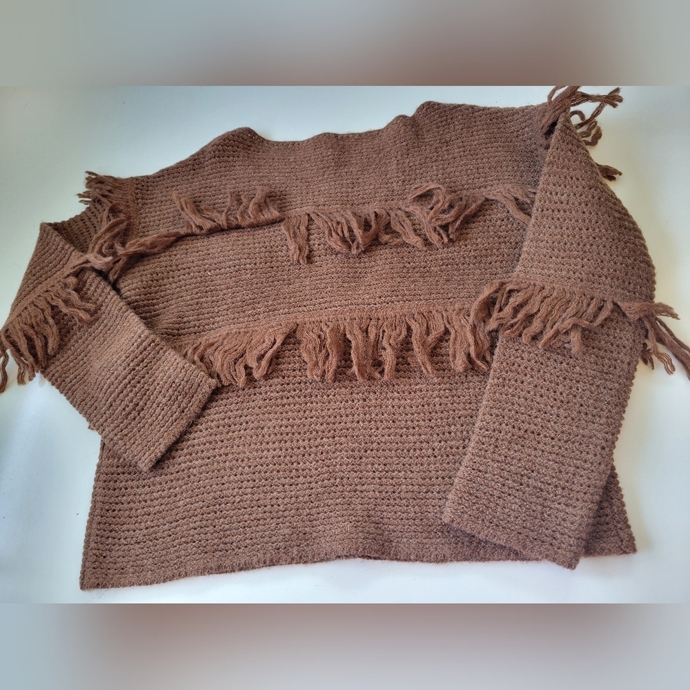 Lucky Brand Fringe Wool Blend Sweater S Brown - Picture 3 of 7